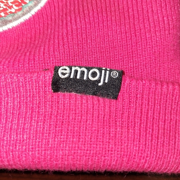 An Emoji beanie in a one size fits most. Hot pink with monkey image. - Picture 2 of 6